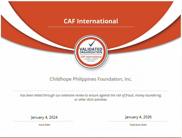 CAF America verification certificate for Childhope Philippines